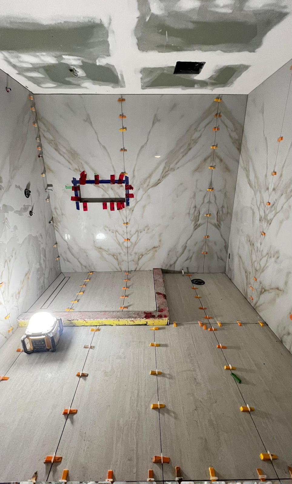 Large format marble walk-in shower